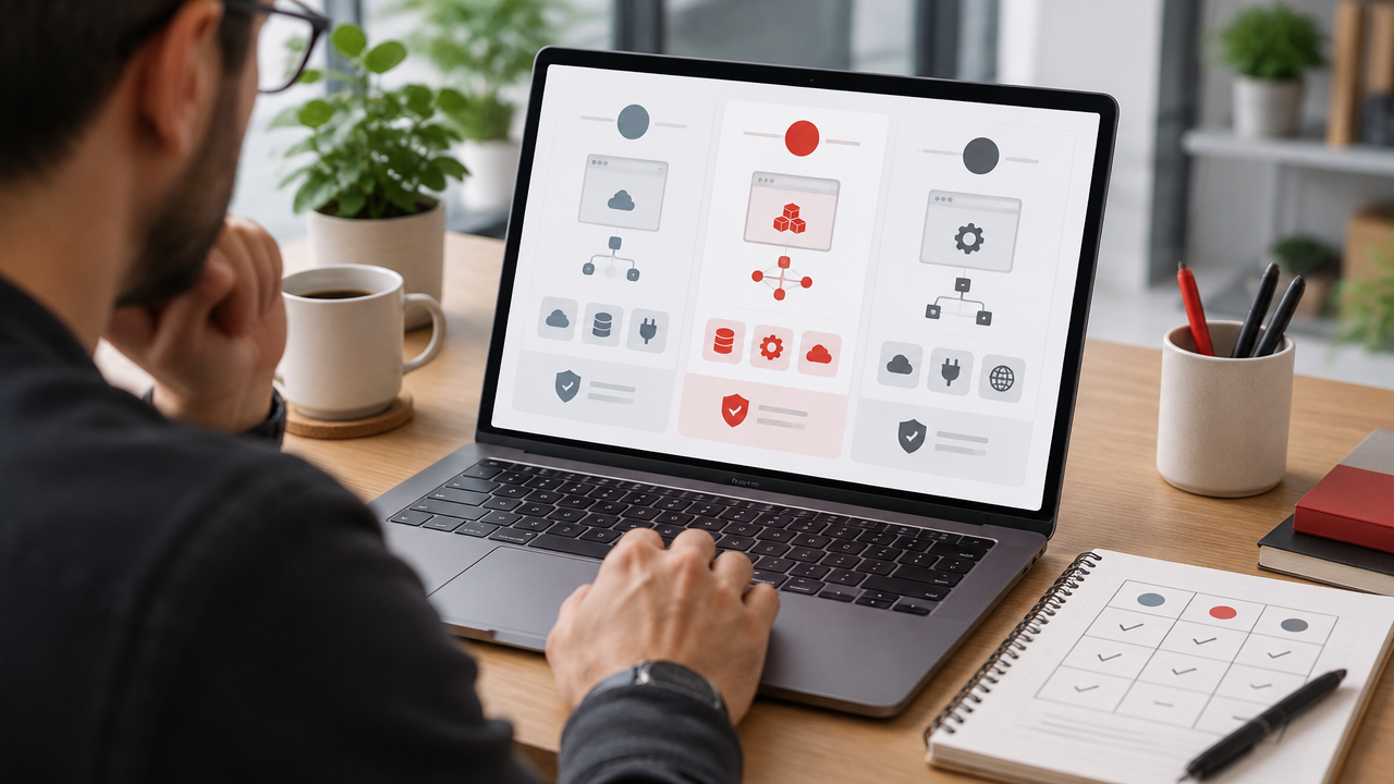 Profissional compara interfaces, integrações e recursos de segurança de plataformas SaaS em uma tela de laptop.
