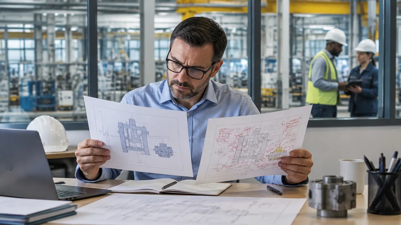 Profissional compara padrões técnicos globais com adaptações locais para uma planta industrial