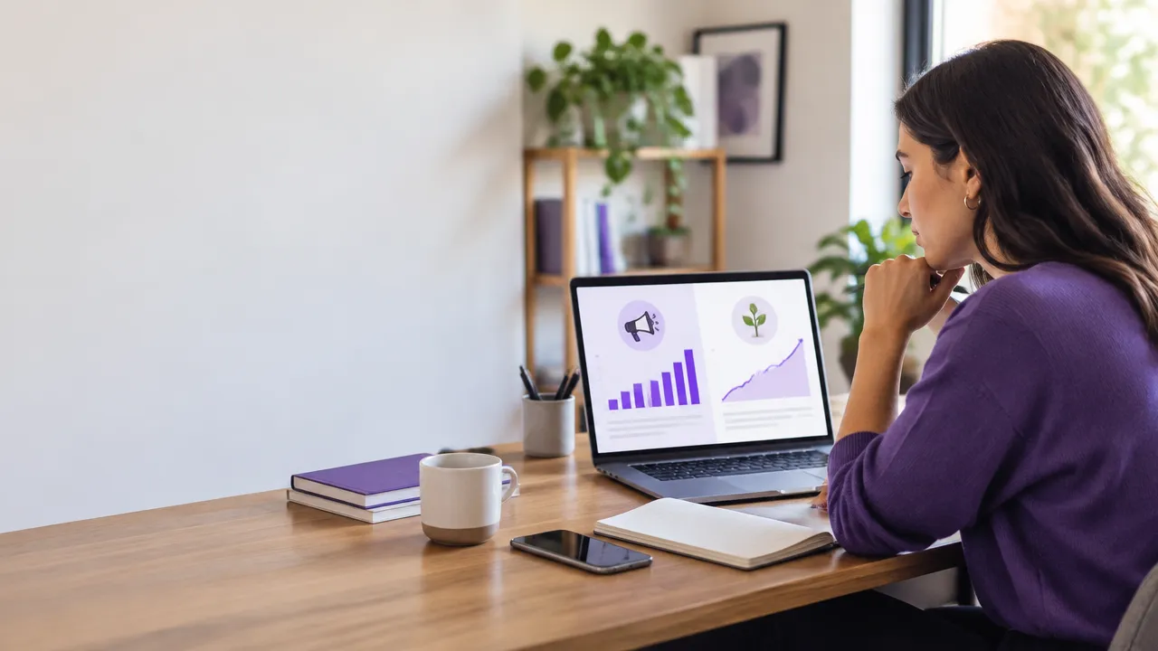 Profissional compara resultados de anúncios e conteúdo orgânico em um notebook