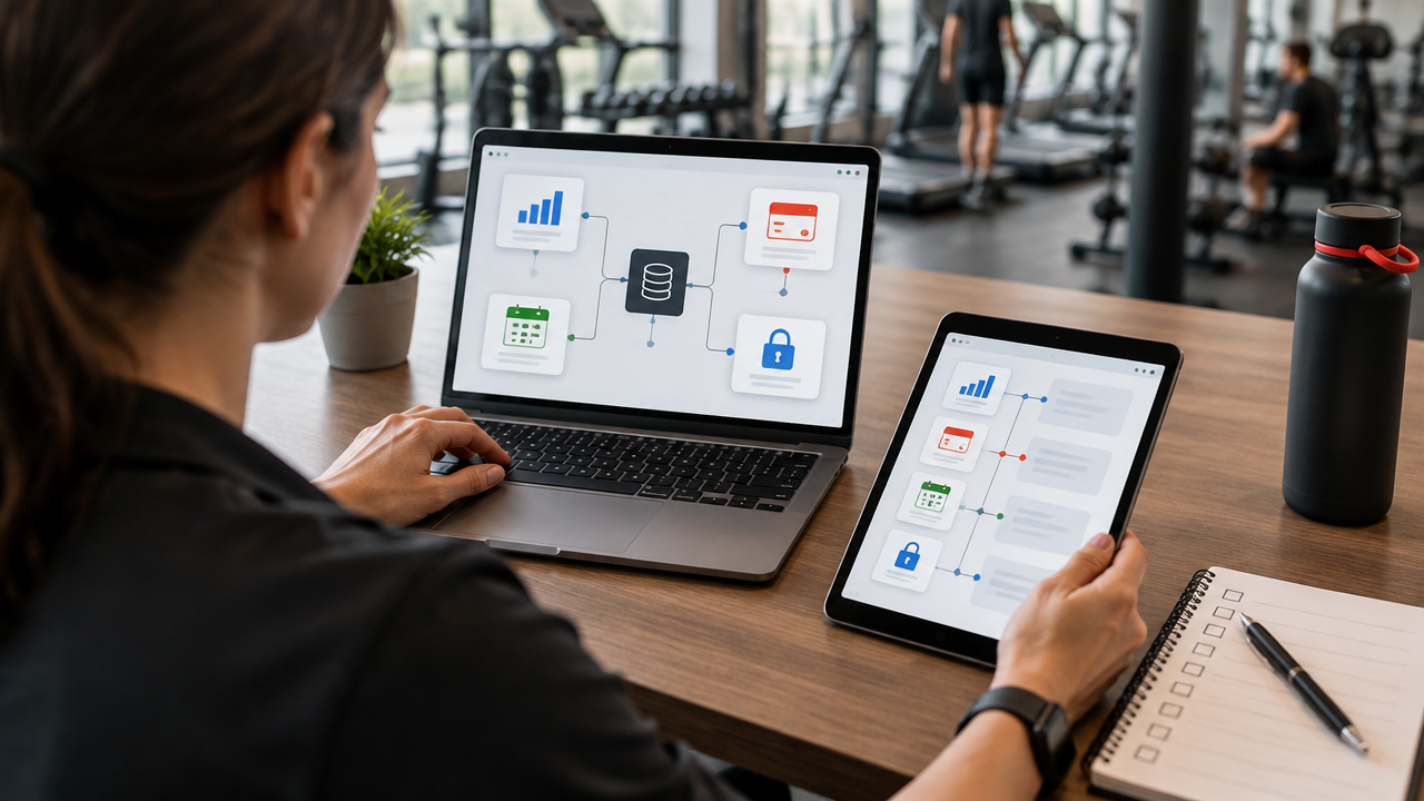 Profissional comparando fluxos de dados e critérios de integração em dispositivos digitais