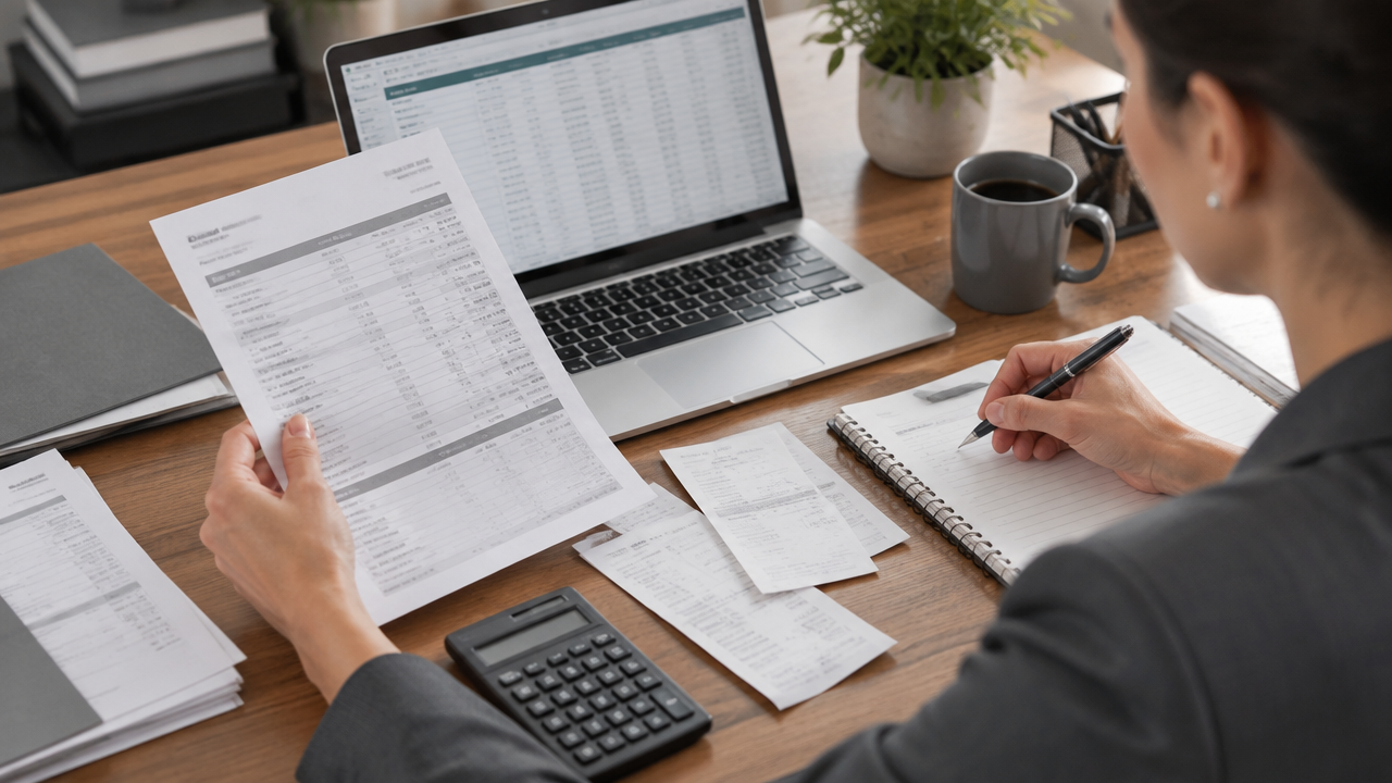 Profissional confere extrato bancário, comprovantes e registros financeiros em notebook