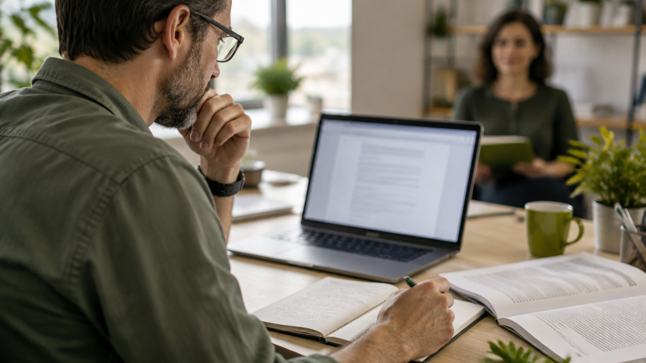 Profissional confere informações geradas por inteligência artificial antes de compartilhar um trabalho