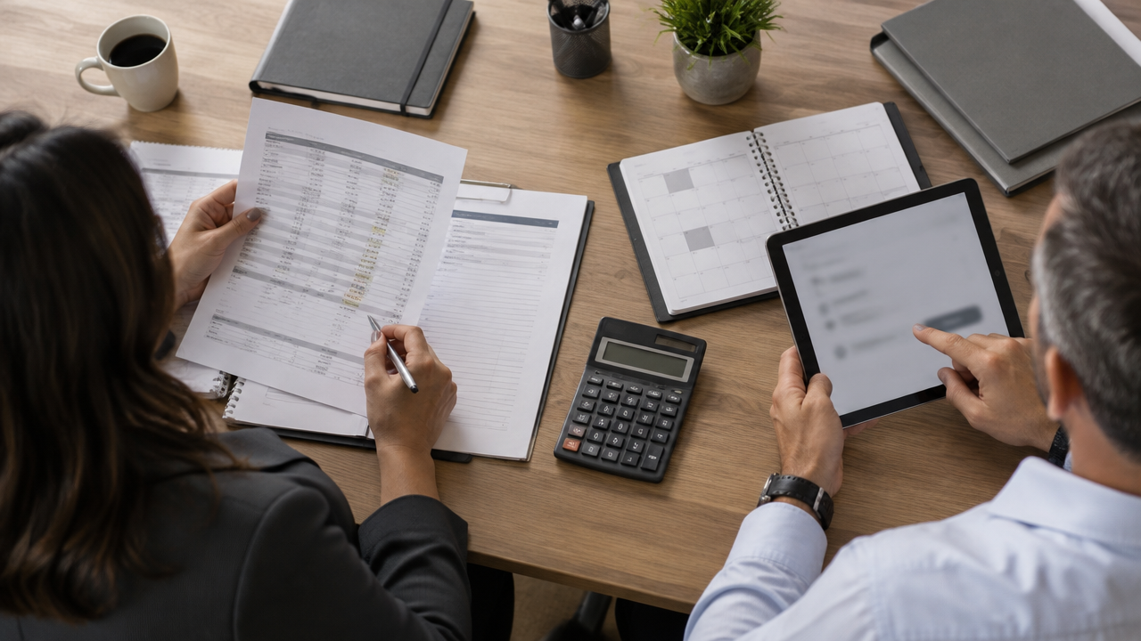 Profissional confere lançamentos financeiros enquanto o gestor revisa vencimentos e aprova decisões