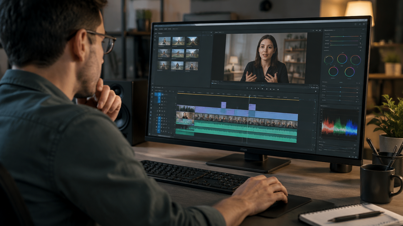 Professional checks the text and timing of the subtitles of a video