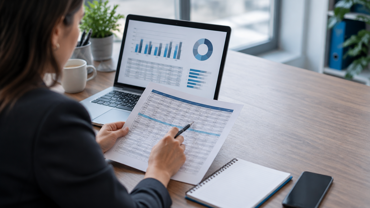 Profissional confere registros e indicadores para diagnosticar uma base de dados comercial