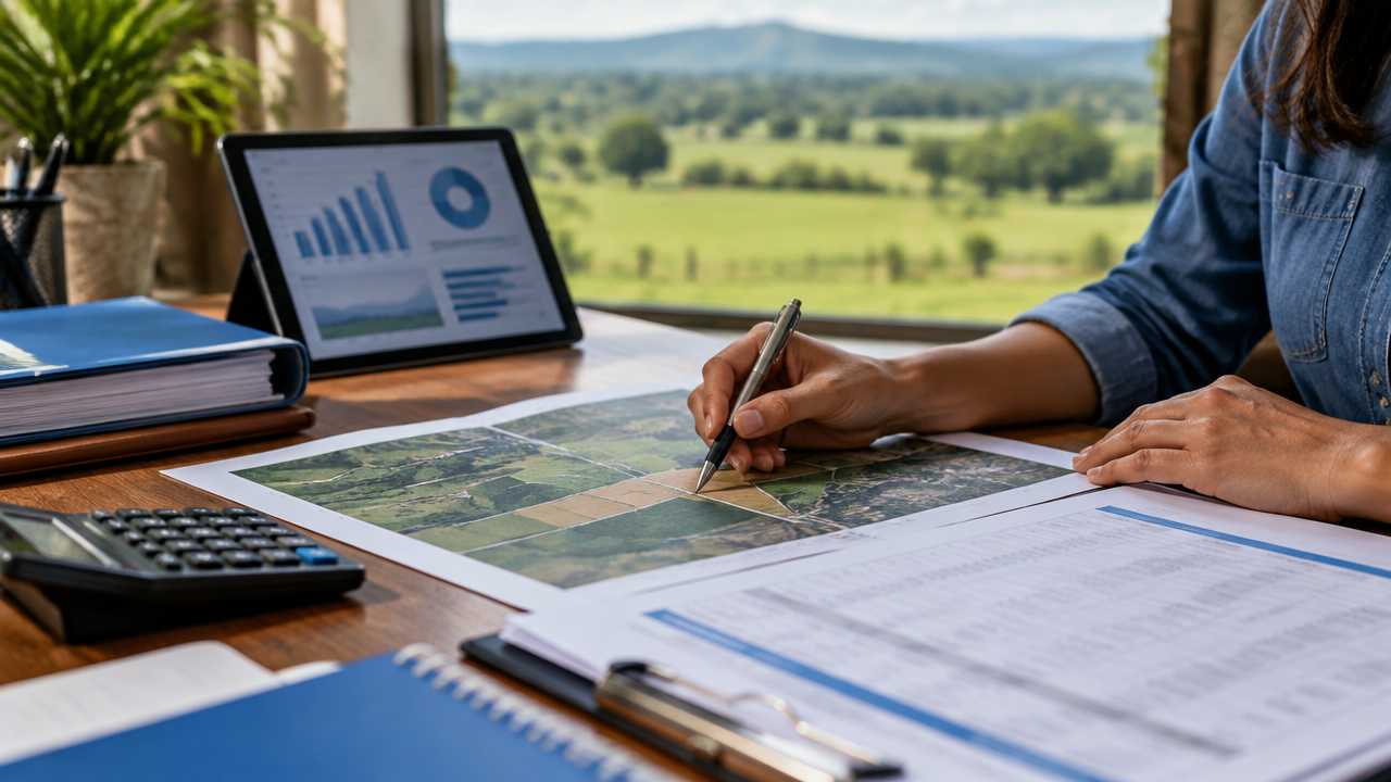 Profissional conferindo mapa cadastral e documentos para calcular o imposto de imóvel rural