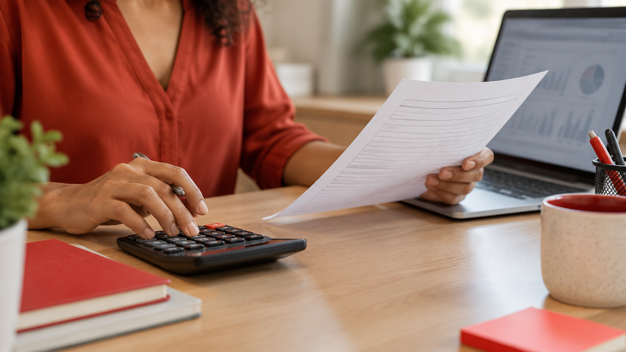 Profissional conferindo nota de serviço e calculadora para estimar o imposto municipal