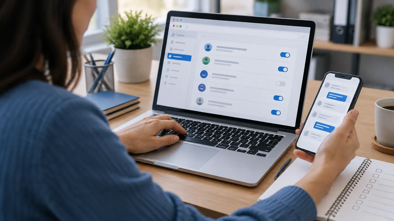 Profissional conferindo permissões e contas conectadas em um notebook durante o diagnóstico de uma integração