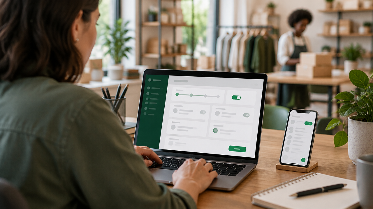 Profissional configurando em um notebook a integração do site com o WhatsApp em um celular