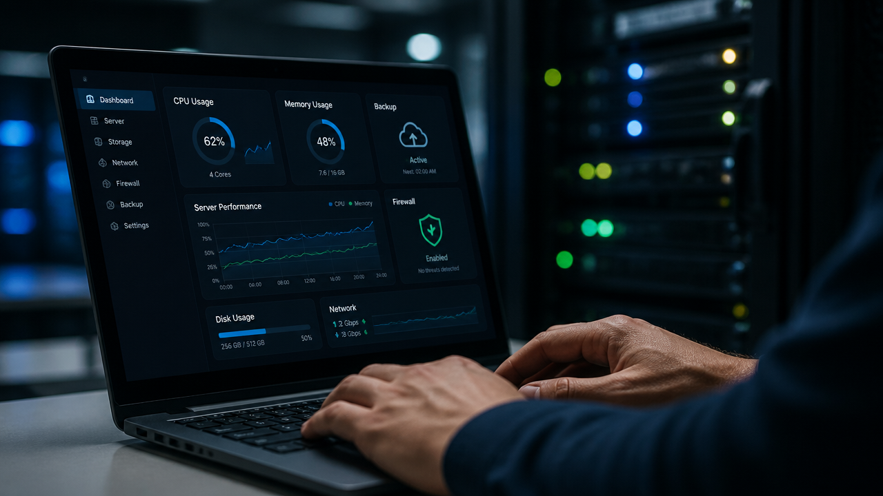 Profissional configurando segurança, backup e recursos de um servidor virtual em painel técnico