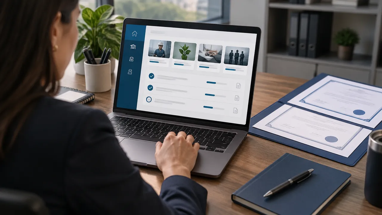 Profissional consulta registros de cursos e certificados em uma plataforma digital genérica