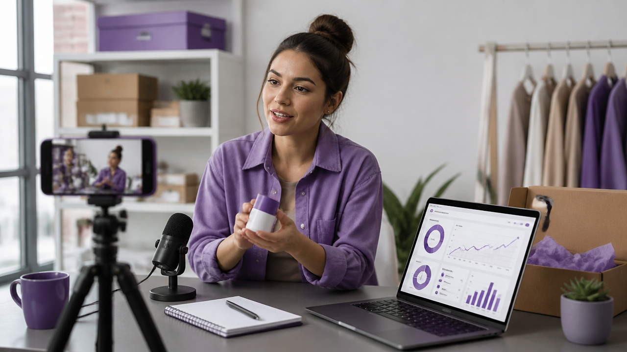 Profissional criando conteúdo com smartphone e laptop enquanto acompanha resultados de monetização