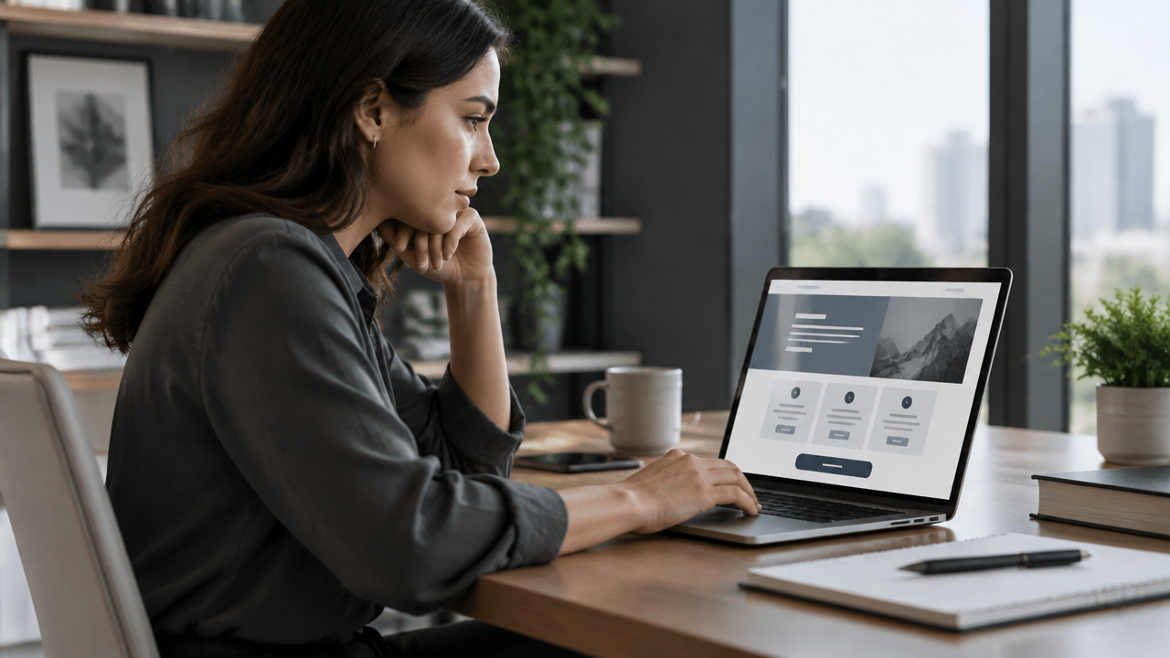 Profissional de agência revisa uma página de proposta com opções de assinatura SaaS no notebook