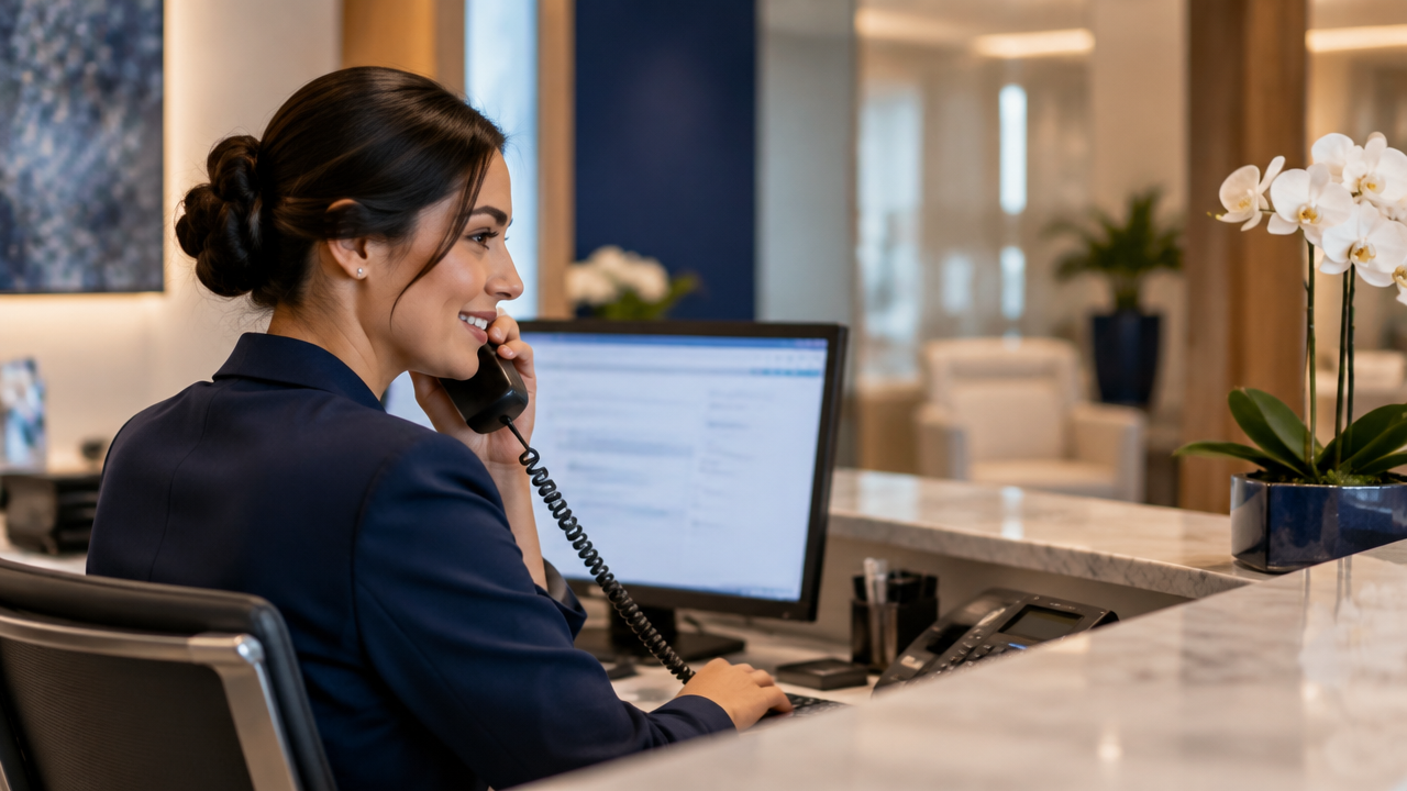 Profissional de atendimento acolhe por telefone um paciente de clínica urológica