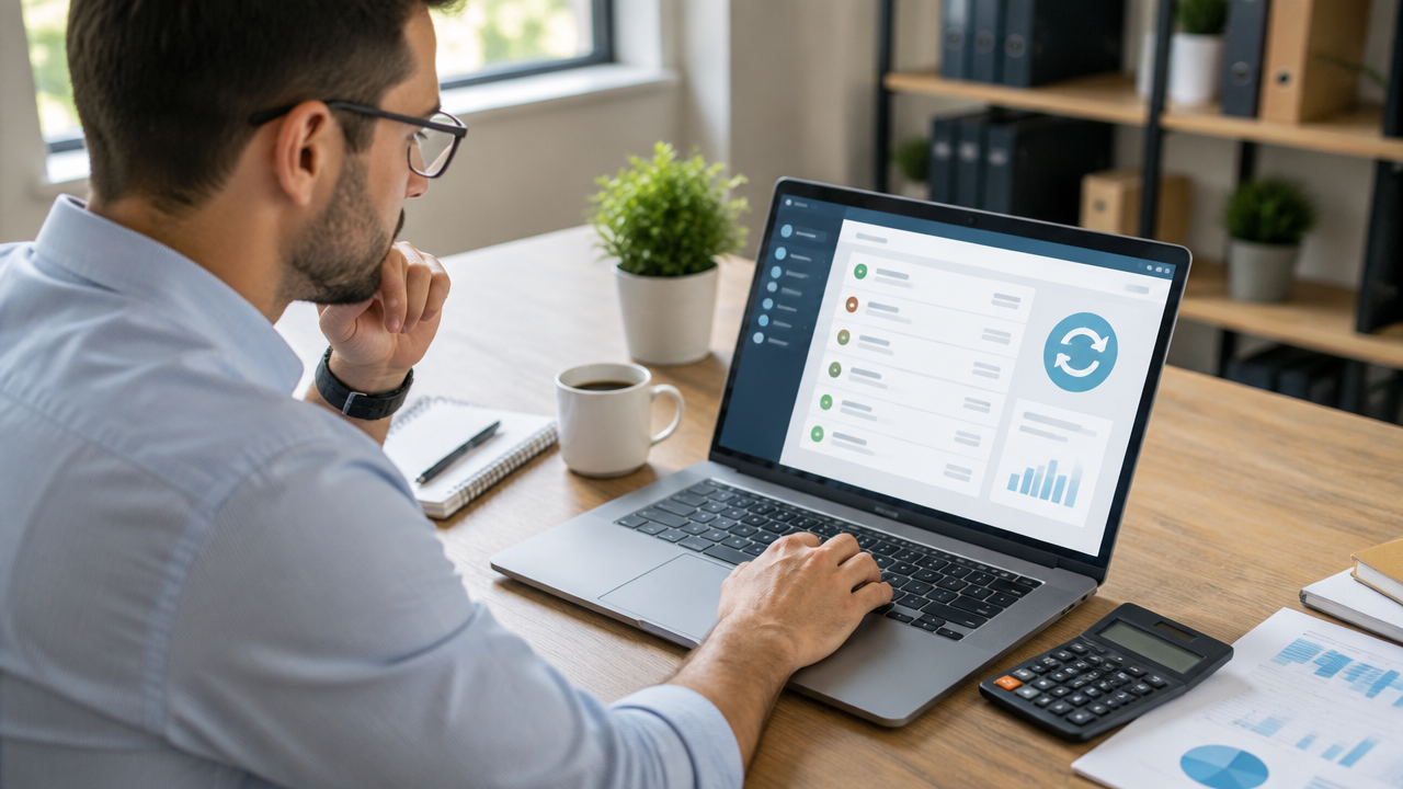 Profissional de BPO financeiro organiza extratos bancários no computador para agilizar a conciliação