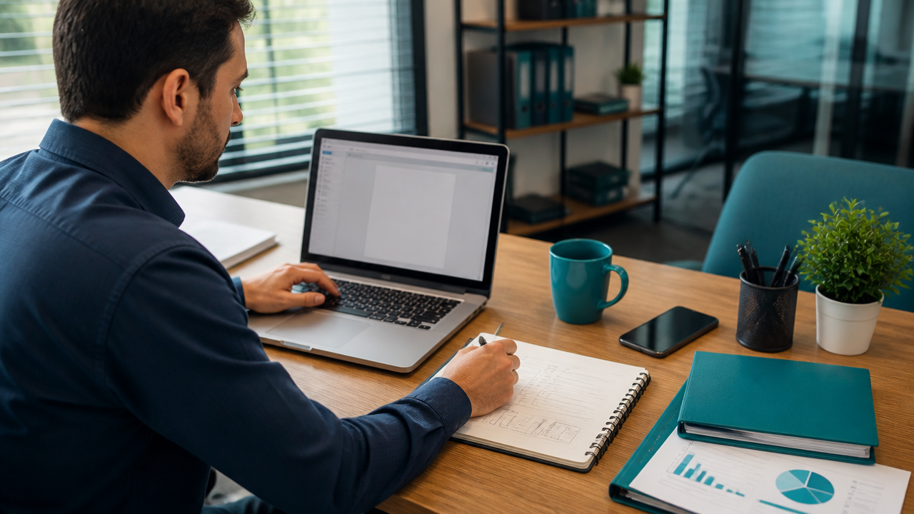 Profissional de BPO Financeiro organizando proposta e follow-up comercial no notebook
