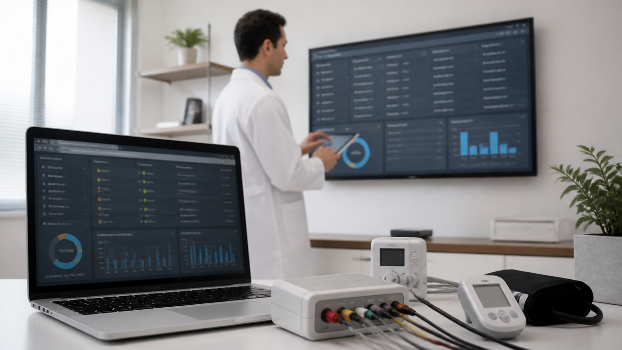 Profissional de clínica cardiológica acompanhando fluxo digital de ECG, Holter e MAPA em plataforma segura