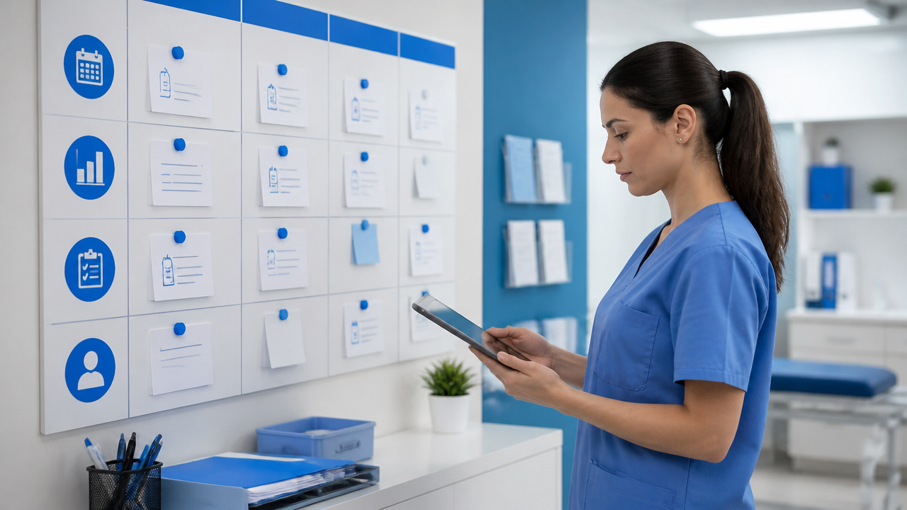 Profissional de clínica revisando um checklist operacional em painel e tablet.