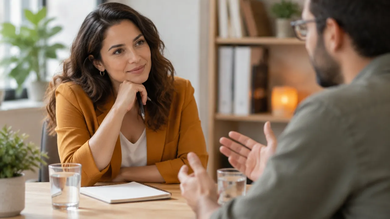 Profissional de coaching escutando atentamente uma pessoa durante uma conversa individual.