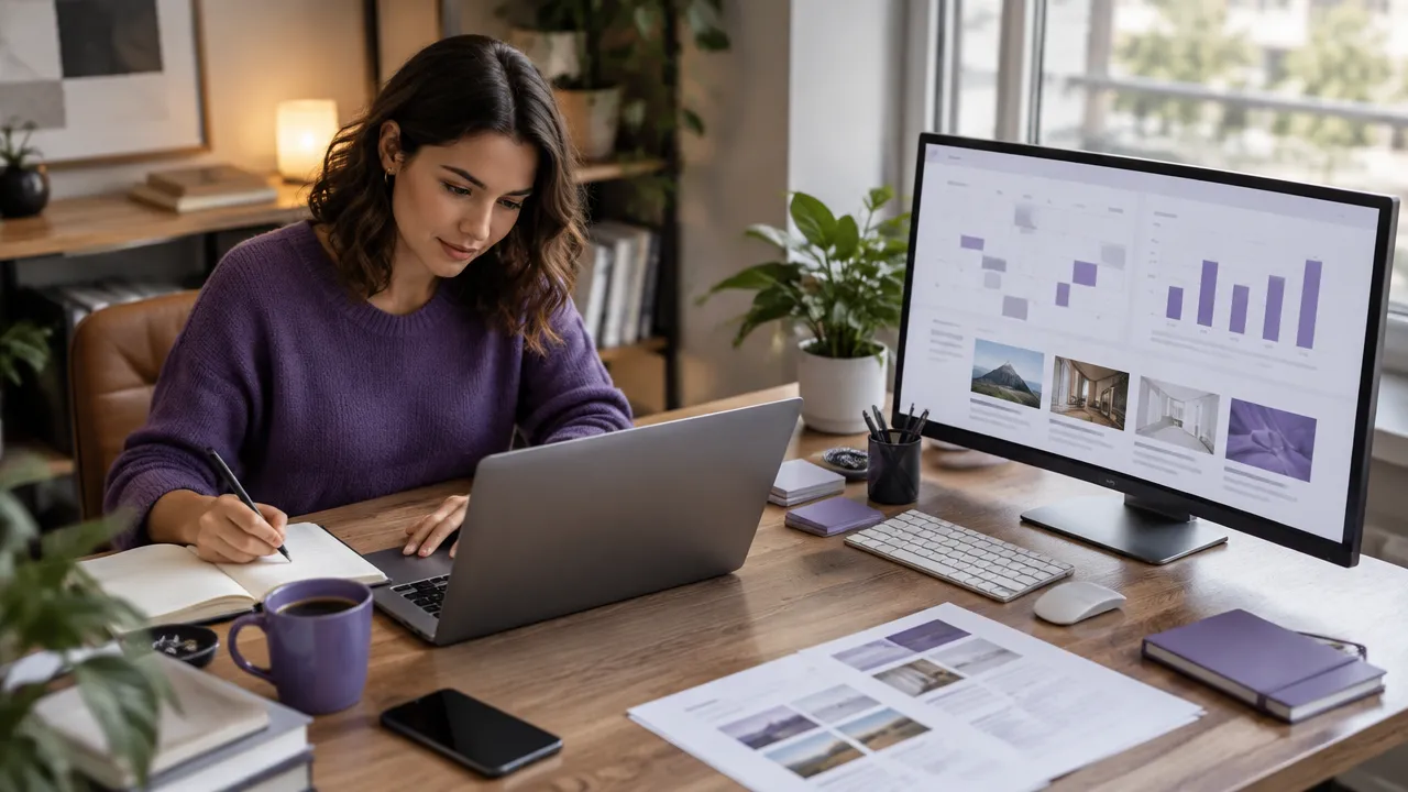 Profissional de conteúdo e ferramentas digitais em uma mesa, representando a escolha entre contratar um copywriter e automatizar o blog.