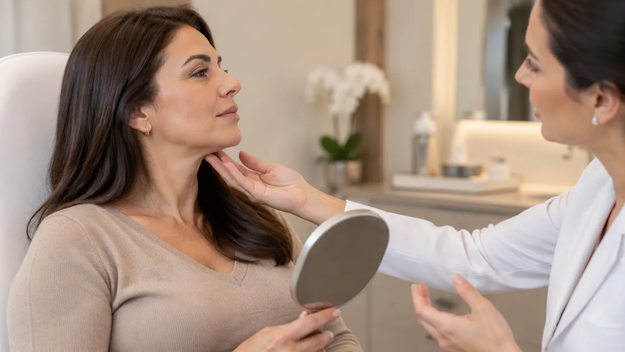 Profissional de estética avalia o contorno do queixo e do pescoço de uma paciente durante uma consulta.