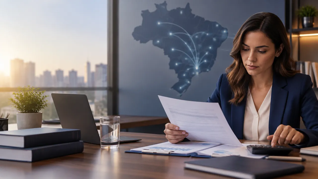 Profissional de finanças confere documentos fiscais e uma calculadora, com mapa do Brasil ao fundo, representando o DIFAL em operações entre estados.
