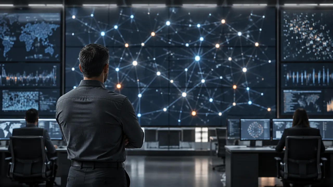Profissional de infraestrutura analisando uma rede de agentes computacionais conectados sem um nó central