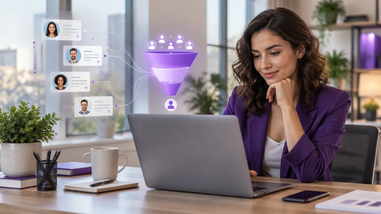 Profissional de marketing analisa contatos e oportunidades de clientes em um laptop