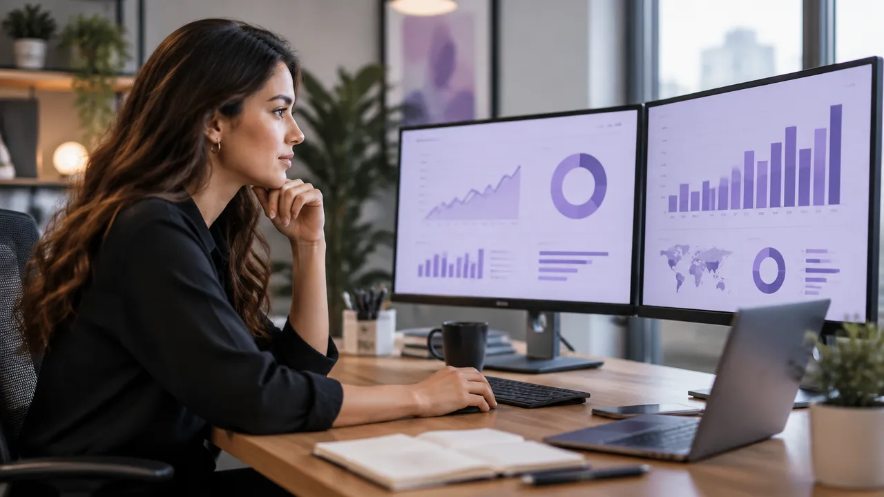 Profissional de marketing analisando campanhas digitais e métricas em monitores