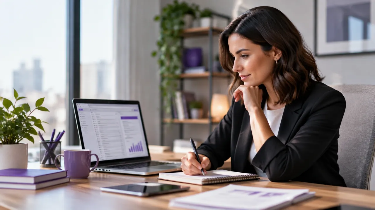 Profissional de marketing B2B planejando uma sequência de e-mails e boletins em um laptop