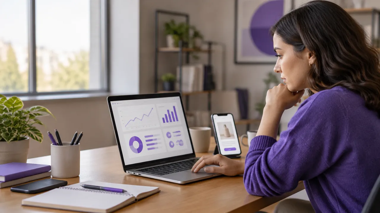 Profissional de marketing compara um painel de campanhas no laptop com um criativo de anúncio no celular