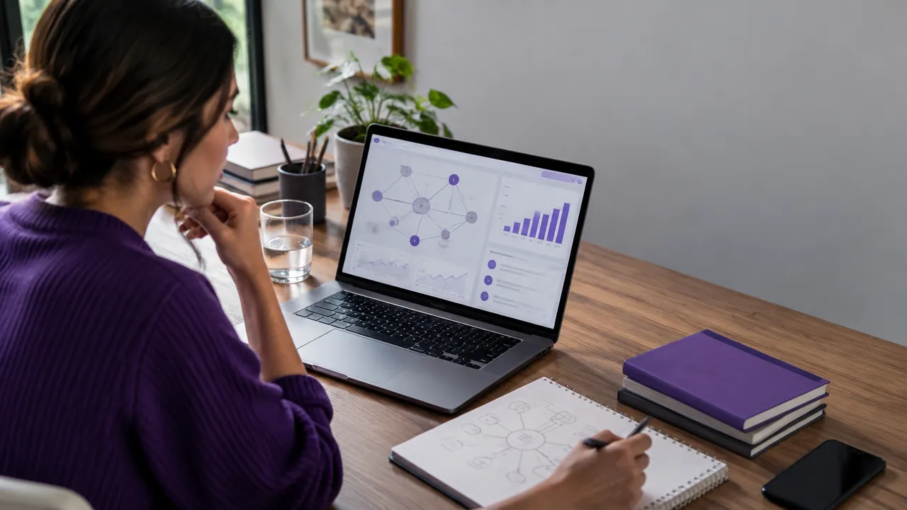 Profissional de marketing planejando uma campanha de link building para um blog diante de um laptop com mapa de links e conteúdo
