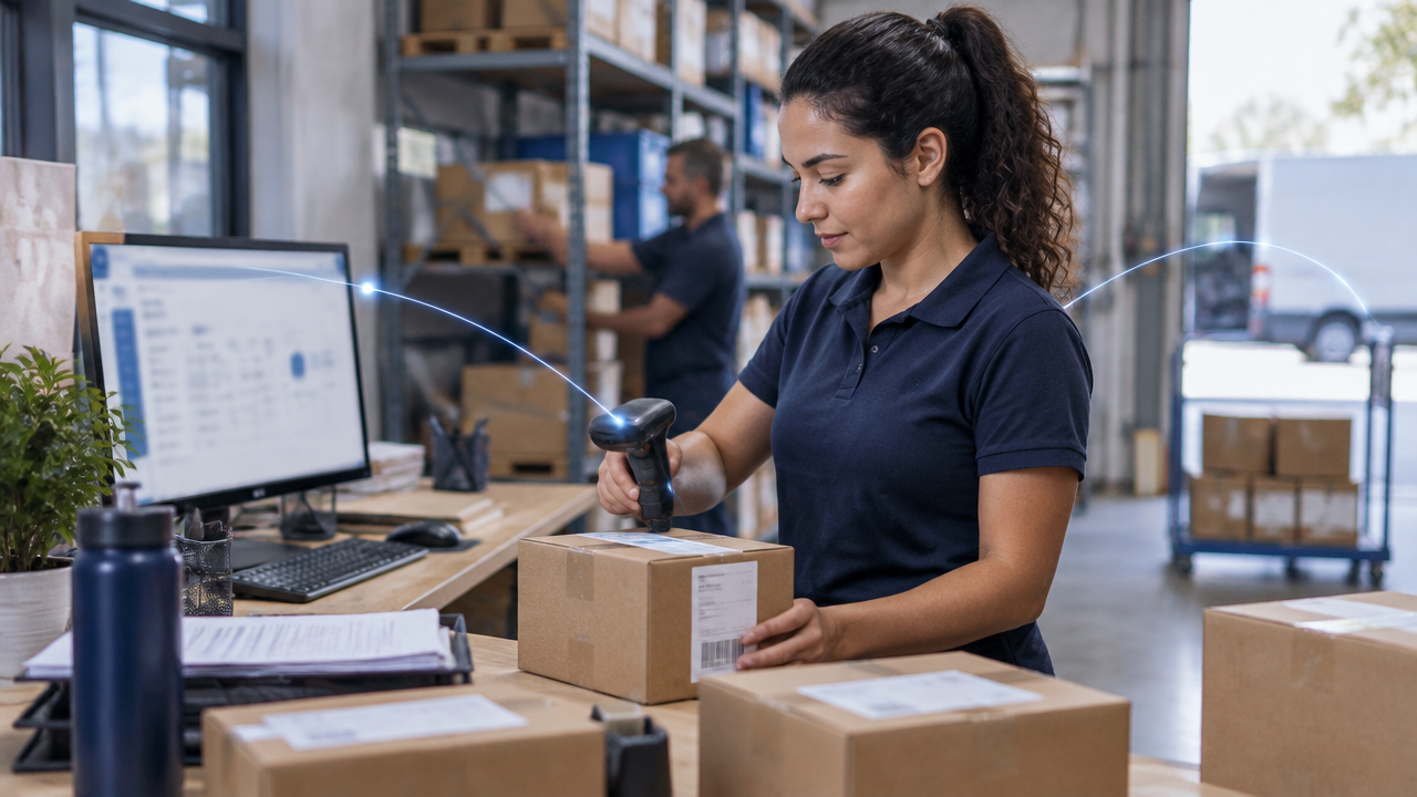 Profissional de operações conferindo pedidos e produtos em estoque durante o processamento de vendas online
