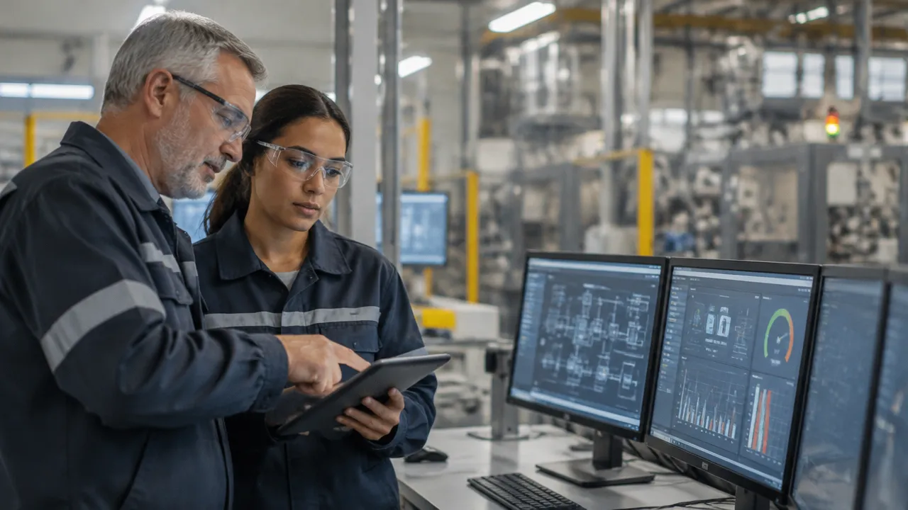 Profissional de projeto transfere conhecimento a uma operadora diante de um painel digital industrial.