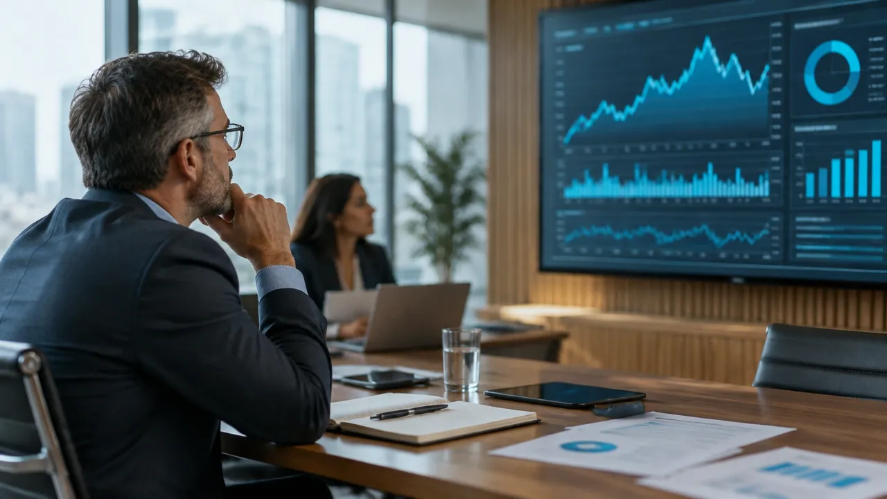 Profissional de relações com investidores acompanha dados de mercado em uma sala de reunião