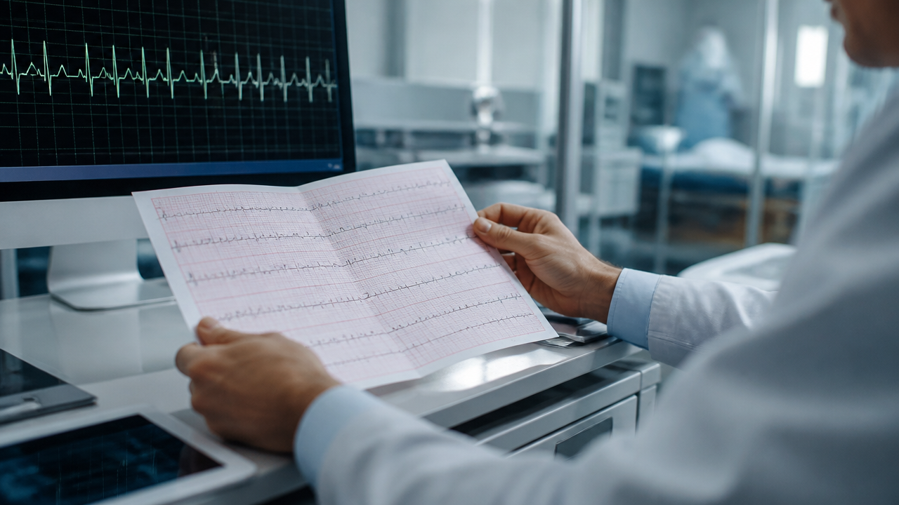 Profissional de saúde analisando eletrocardiograma e monitor cardíaco em ambiente clínico