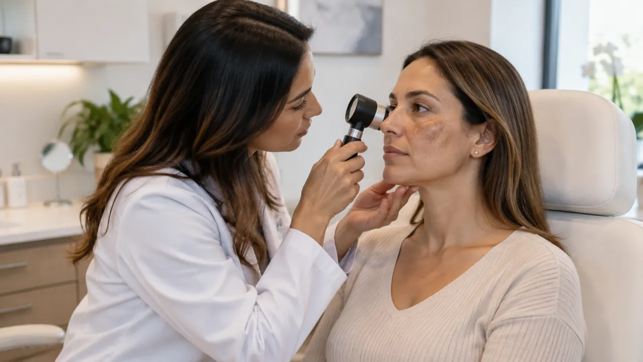 Profissional de saúde avalia manchas faciais de uma paciente durante consulta individualizada