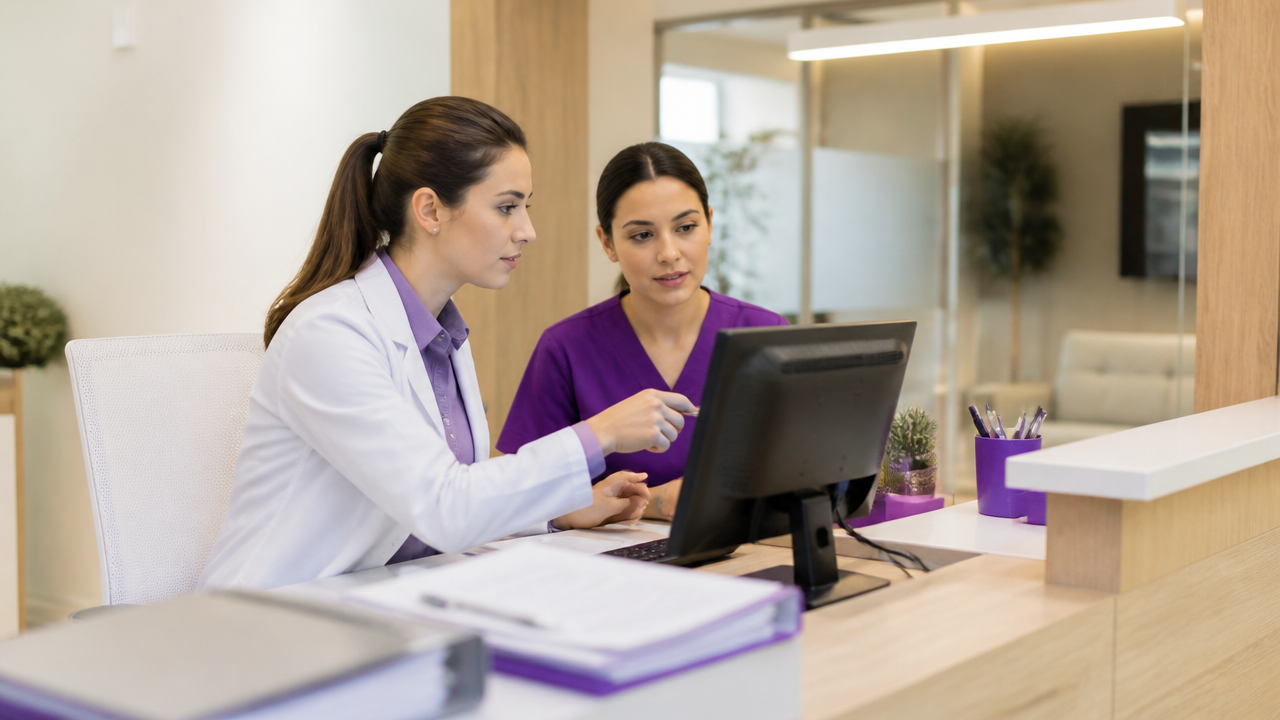 Profissional de saúde consultando prontuário digital em clínica organizada