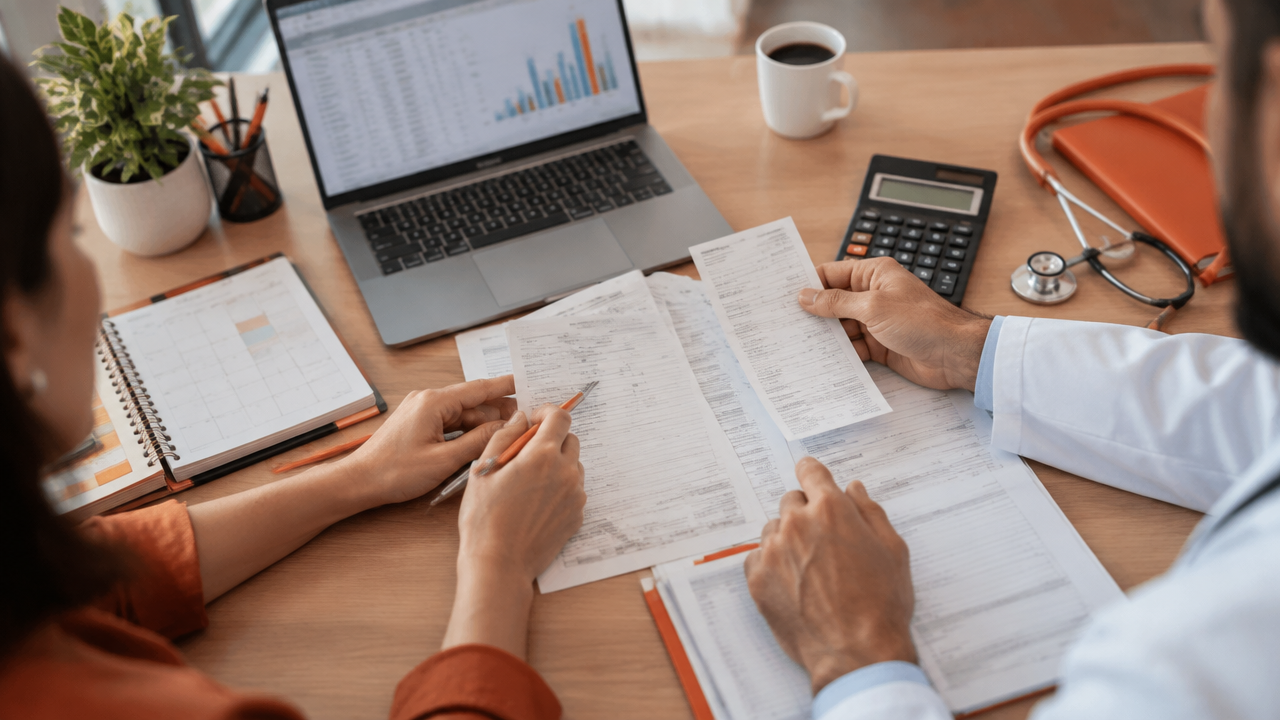 Profissional de saúde e equipe administrativa revisam documentos fiscais e receitas de um consultório.