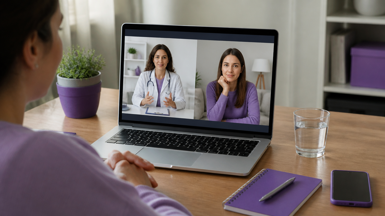 Profissional de saúde e paciente em consulta por vídeo em notebook, em ambientes separados