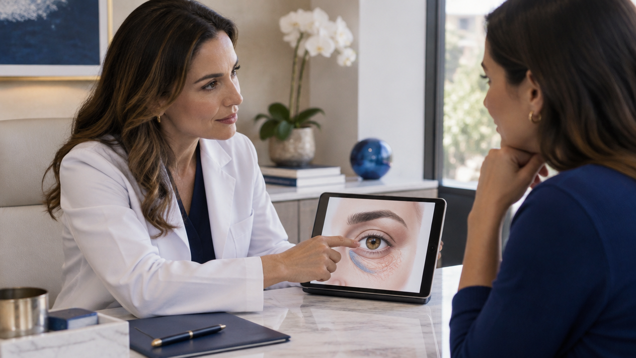 Profissional de saúde explica causas e cuidados para a região dos olhos durante uma consulta