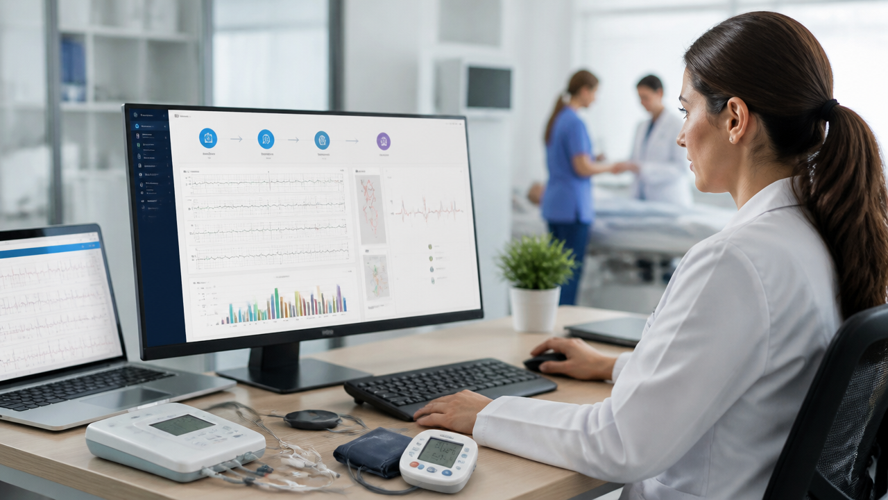 Profissional de saúde gerenciando exames cardiológicos em uma plataforma digital integrada na clínica