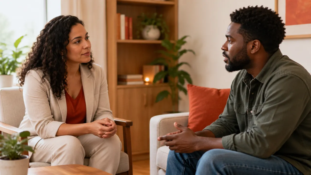 Profissional de saúde mental escutando com atenção uma pessoa adulta durante uma conversa de acolhimento