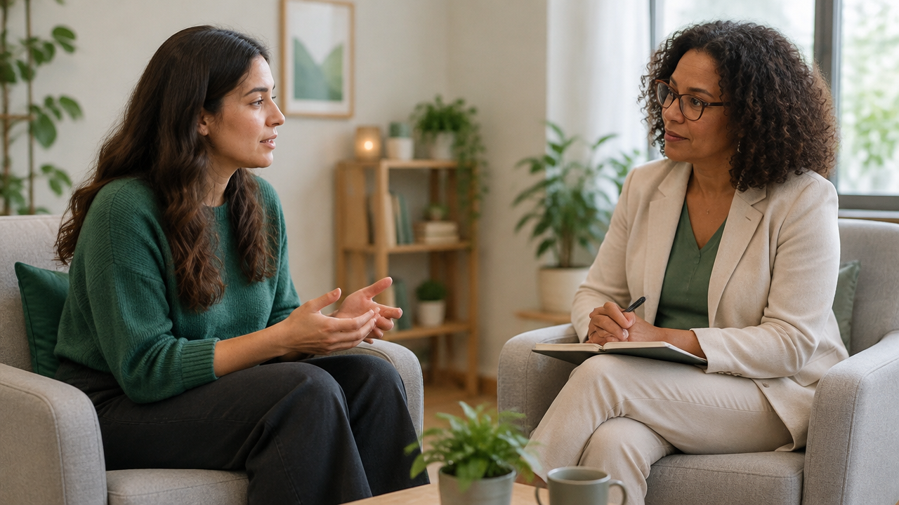 Profissional de saúde mental escutando uma pessoa em conversa de apoio sobre esgotamento no trabalho.