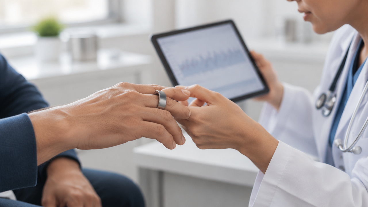 Profissional de saúde orienta o ajuste de um anel sensor enquanto analisa registros genéricos de pressão arterial
