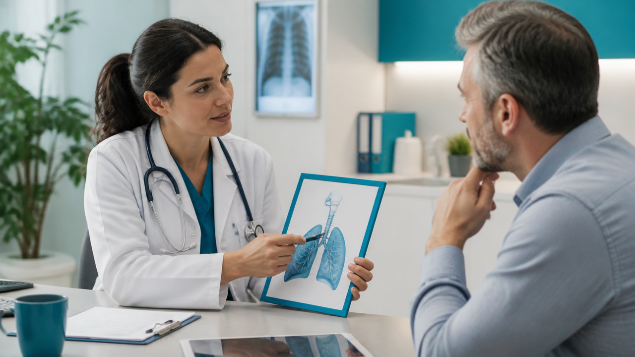 Profissional de saúde orientando paciente com sintomas respiratórios em consultório