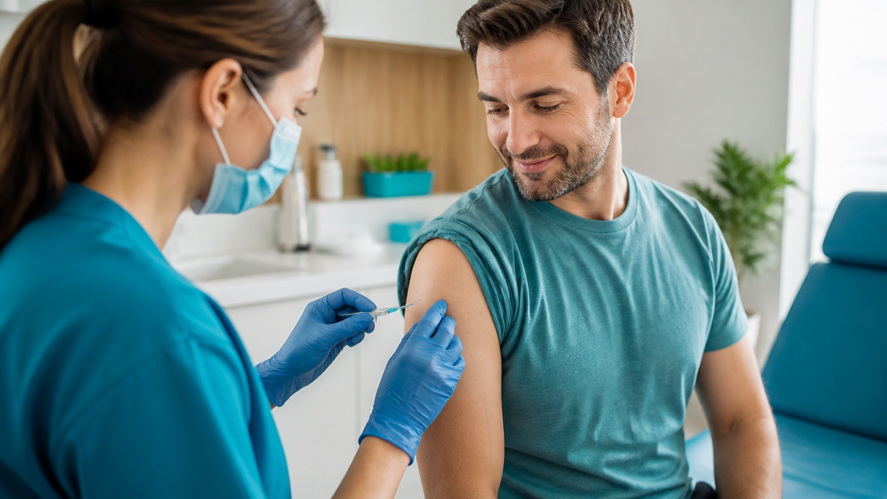 Profissional de saúde preparando a aplicação da vacina contra a gripe em paciente adulto em clínica moderna