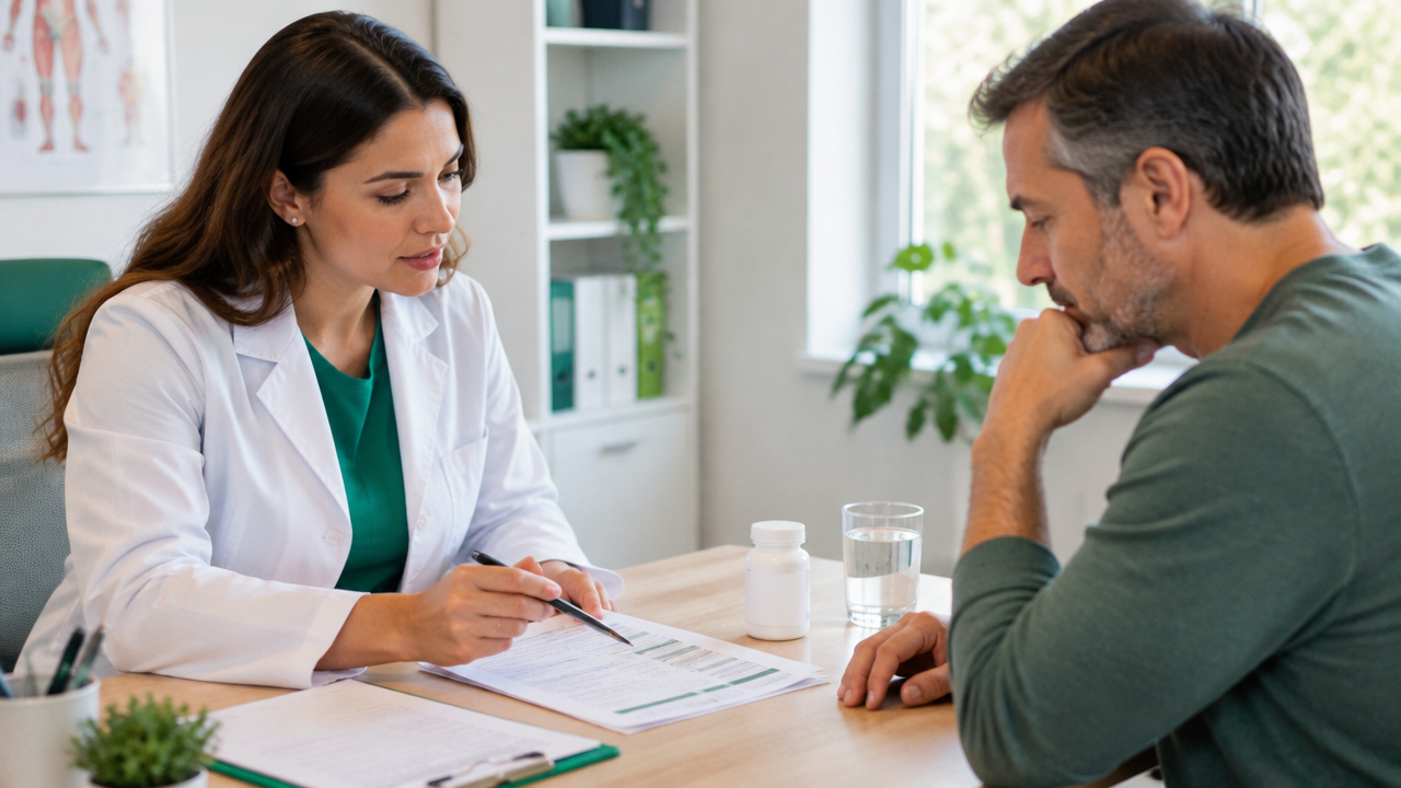 Profissional de saúde revisa exames e medicamentos com paciente antes de orientar suplementação