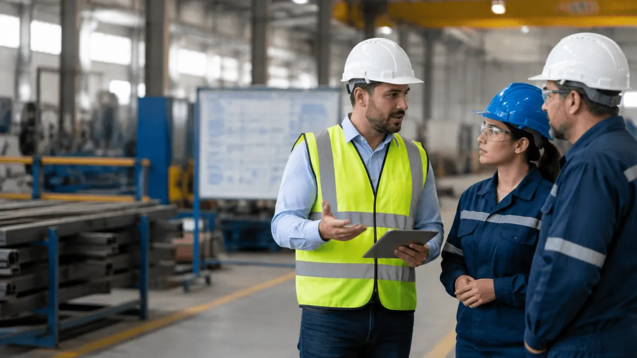 Profissional de SST conversa com trabalhadores em uma área industrial durante o planejamento de treinamentos de segurança.