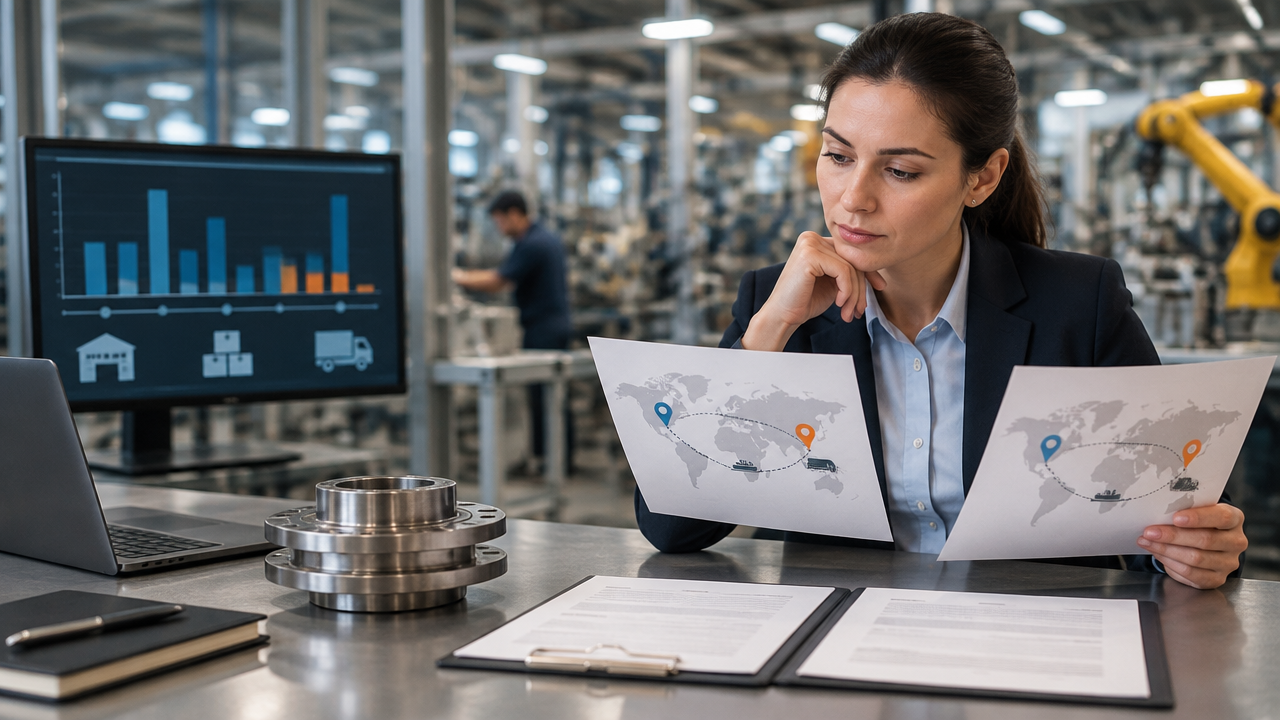 Profissional de supply chain avaliando estoque de segurança e fonte alternativa para uma peça crítica